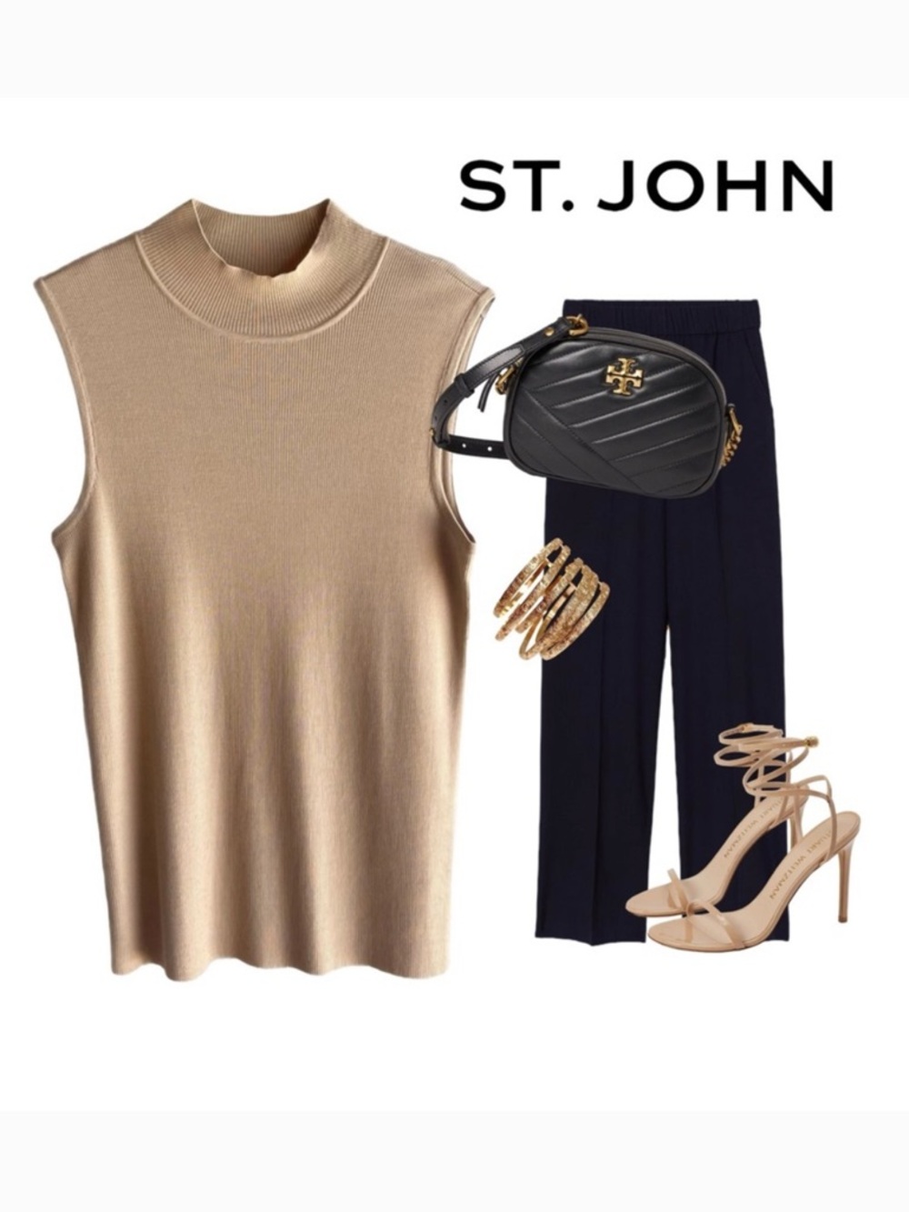 ST. JOHN WOOL BEIGE MOCKNECK SLEEVELESS SHELL SWEATER TOP SZ L - Picture 7 of 9